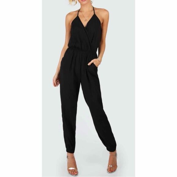 SHEIN Surplice Halter Top Jogger Leg Jumpsuit Black Small - Picture 1 of 16
